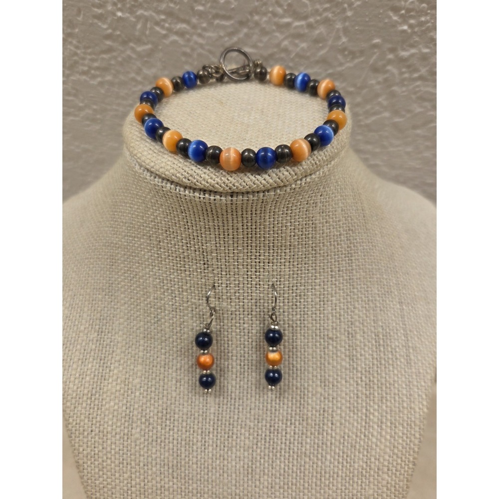 Vintage Sterling Silver Blue & Orange Cats‎ Eye Bead Bracelet & Earrings